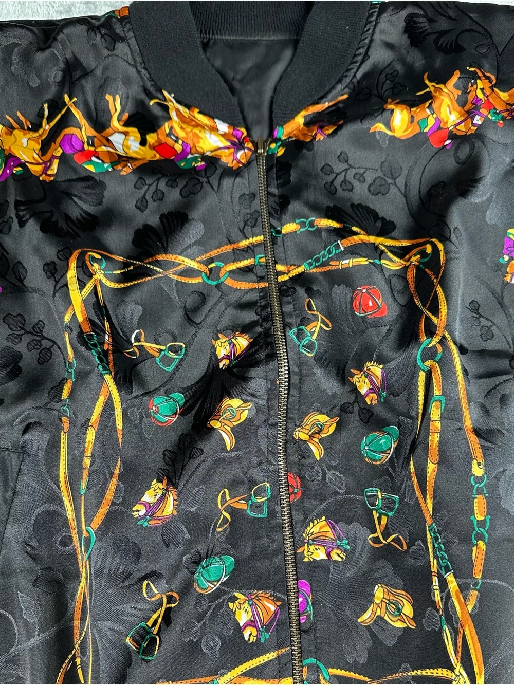 Vintage Style Equestrian Scarf Print Reversible Satin Bomber Jacket - Picture 8 of 12